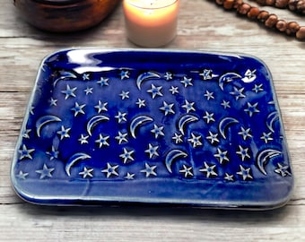 Moon Stars Plate, Celestial Decor, Moon Home Decor, Altar Dish, Incense and Candle Plate