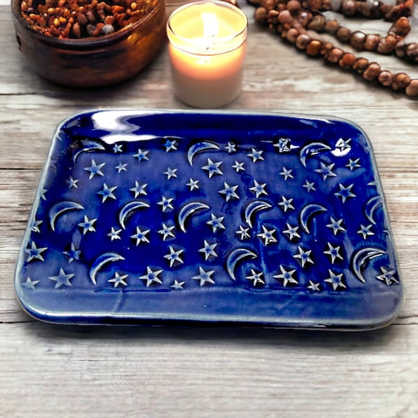 Moon Stars Plate, Celestial Decor, Moon Home Decor, Altar Dish, Incense and Candle Plate, Ready to ship