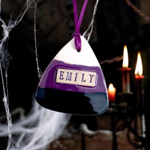 Personalized Candy Corn Ornaments, Halloween Decoration, Summerween Party, Christmas Boo Tree purple/black