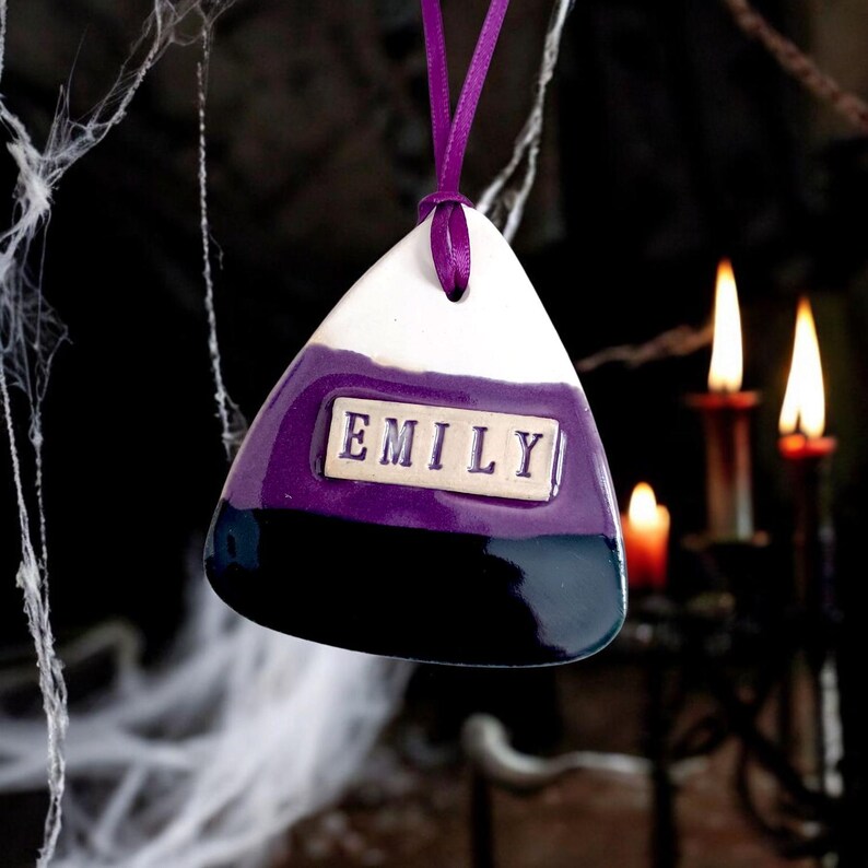 Personalized Candy Corn Ornaments, Halloween Decoration, Summerween Party, Christmas Boo Tree purple/black