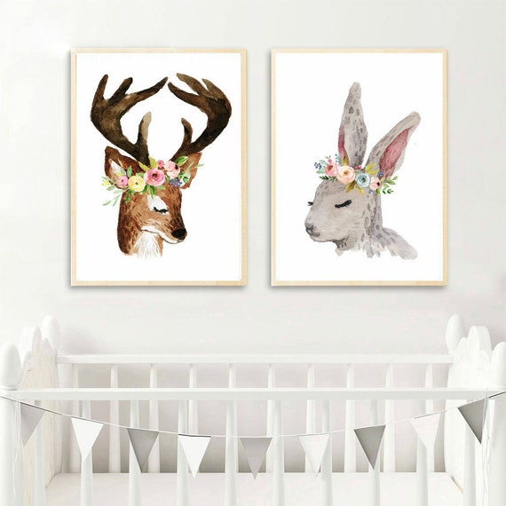 Personalized Name Art Printable Baby Shower Gift Blue Floral Printable Girl Deer Wall Art Girl Nursery Decor Girl Nursery Antler Print