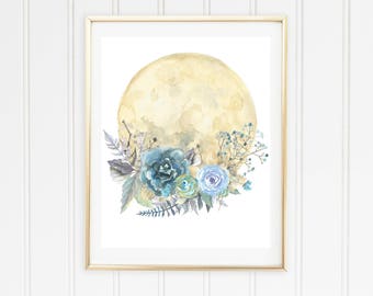 Moon Watercolor Print, Blue Flower Painting, Digital Art, Printable Wall Decor, Boho Decor, Instant Download, Watercolor Floral Moon, 8x10