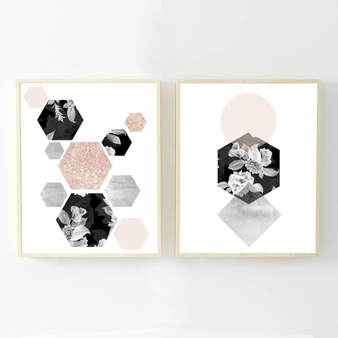 Geometric Wall Prints, Abstract Art Prints, Set of 2, Blush, Silver