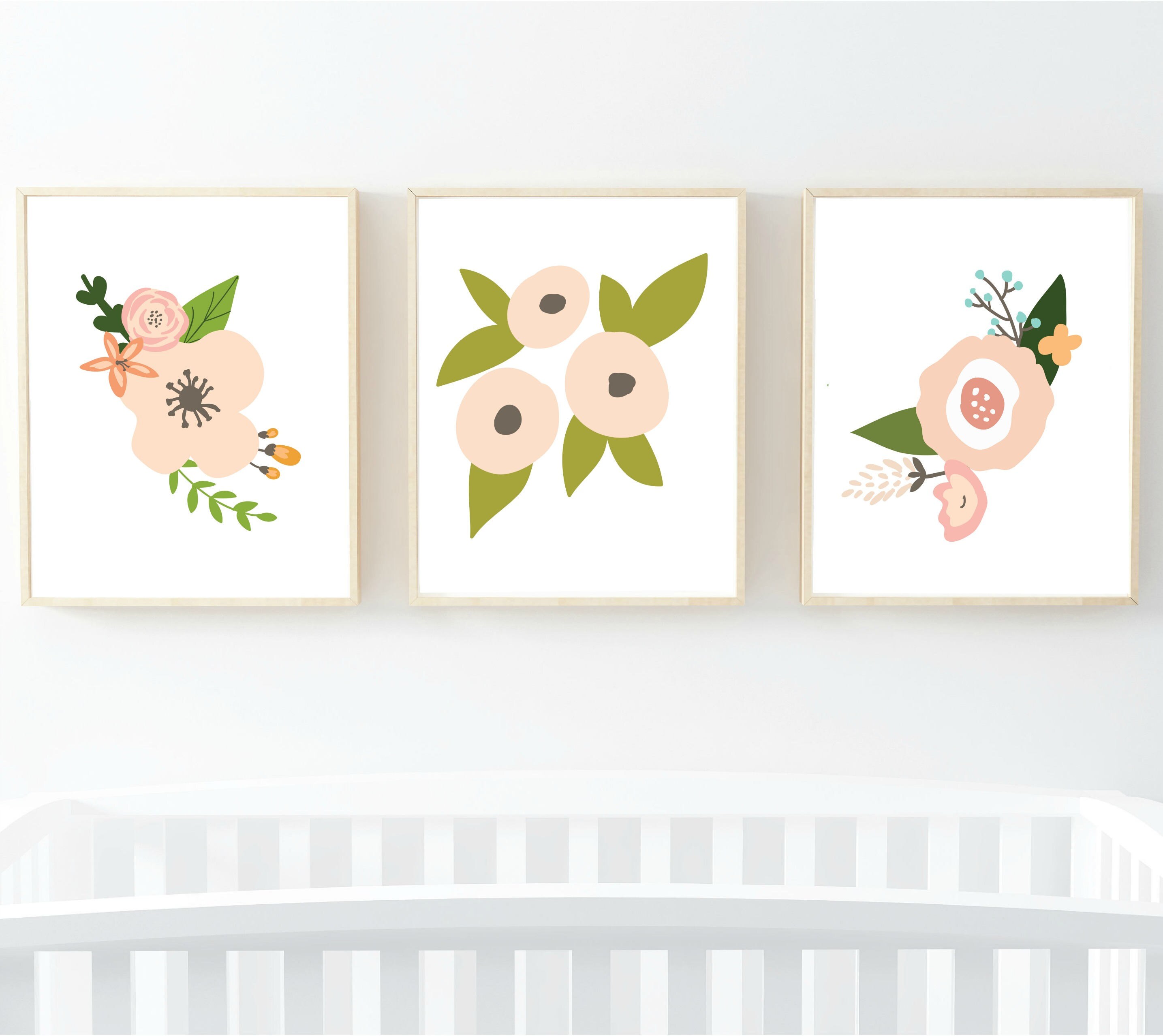 Blush Floral Nursery Decor, Flower Painting Prints, Set of 3, Digital
