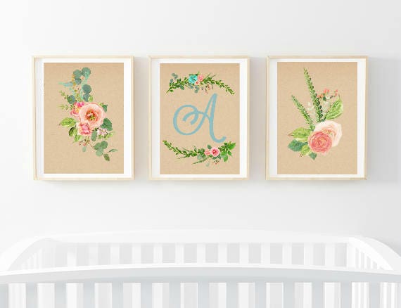 Nursery Print Monogram Nursery Wall Art Floral Nursery Etsy