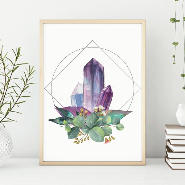 Boho Crystal Art, Wall Decor, Printable, Geometric, 8x10, Eucalyptus, Watercolor Painting, Room Decor, Instant, Purple, Green, Floral