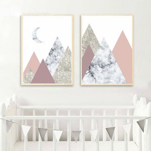 Nursery Decor, Mountain Wall Art, Geometric, Marble, Digital Download Set, Moon Art Print, Abstract Art, Boho Decor, Girls Room, Pink, Blush