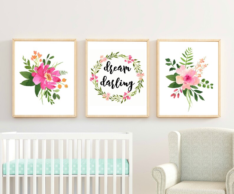 Watercolor Painting, Nursery Wall Decor, Floral Art, Printable, Set of