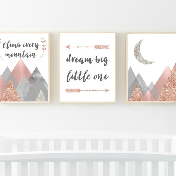 Nursery Decor, Gem Prints, Dream Big, Digital Download Set of 3, Pink and Grey, Mountain Wall Art, Geometric, 8x10, Girl Room Art, Boho