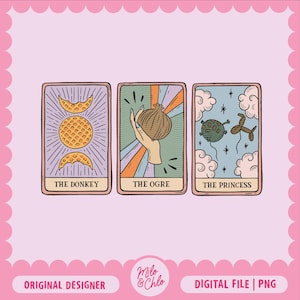 May include: Three tarot cards with whimsical illustrations and text. The cards are labeled "The Donkey," "The Ogre," and "The Princess." The artwork features a crescent moon, a hand holding an onion, and a balloon. The image has a pink border and text that says "Original Designer" and "Digital File | PNG."