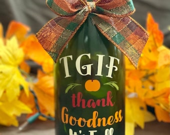 Wine Bottle with TGIF (Thank Goodness It's Fall) Theme and cork lights