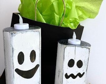 Halloween Ghosts Flameless Candles - Wood Block Set of 2 - Great Gift