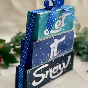 Let it Snow Christmas Decor Wood Stacked Block Sign with Ribbon image 2