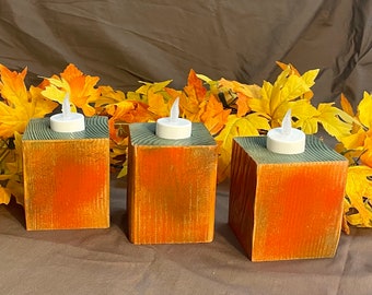 Pumpkin Block Candles with flameless candles (Set of 3) Fall Decor Thanksgiving Halloween