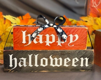 Happy Halloween Fun and Cute Wood Block Decor Sign Black Orange Fall