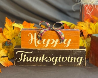 Happy Thanksgiving Fun and Cute Wood Block Fall Decor Sign Orange Brown