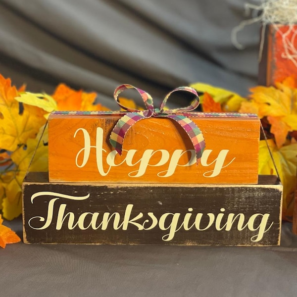 Happy Thanksgiving Fun and Cute Wood Block Fall Decor Sign Orange Brown