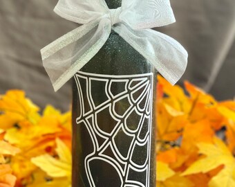 Halloween Wine bottle Spider on his Web with cork lights