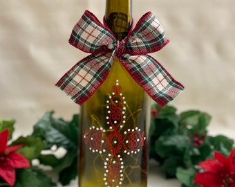 Wine Bottle with decorated Cross and cork lights