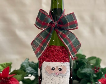 Santa Wine Bottle - Hand painted with lights
