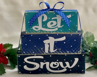 Let it Snow Christmas Decor Wood Stacked Block Sign with Ribbon
