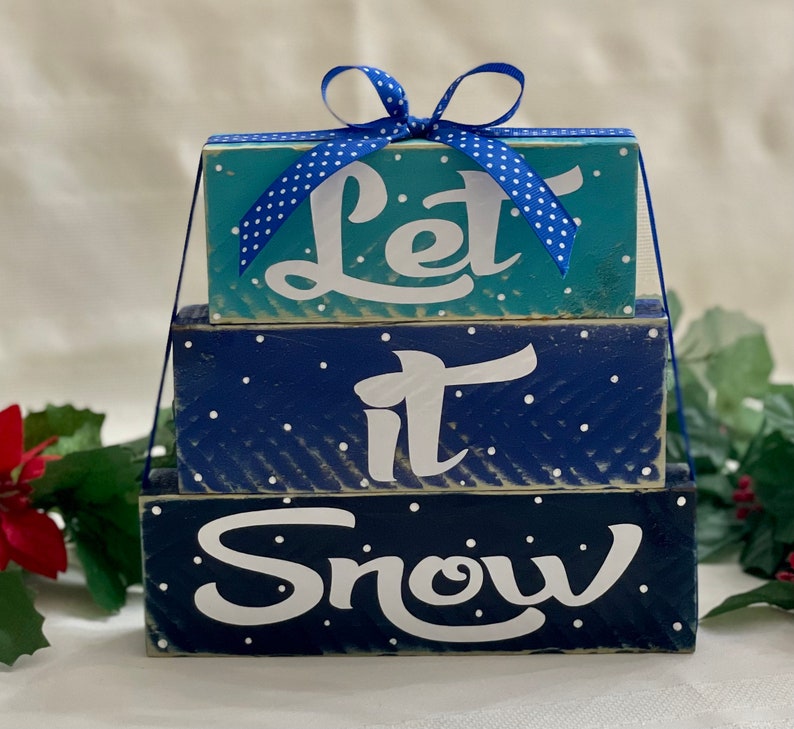 Let it Snow Christmas Decor Wood Stacked Block Sign with Ribbon image 1