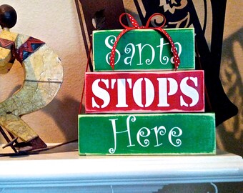 Santa Stops Here Christmas Decor Wood Stacked Block Sign with Ribbon Red Green