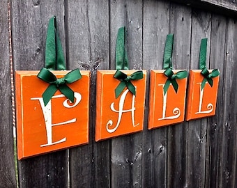 Hanging Wood Sign with Green Ribbon, Fall Decor Sign, Thanksgiving Decoration, Fall Pumpkin, Autumn Decor