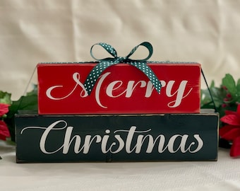 Merry Christmas Wooden Block Sign Red Green White