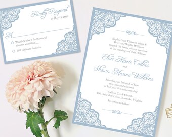 Light Blue Wedding Invitations Printable Lace Wedding Invitation Template, Blue Wedding Invites, Classic Wedding Invitations Light Blue