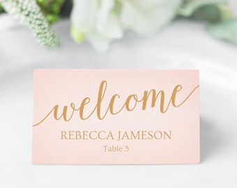 Blush Wedding Place Cards Template, Pink and Gold Wedding Name Cards Printable