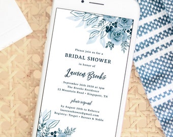 Digital Bridal Shower Invitation Template, Electronic Invitation, Dusty Blue, Invites, Floral, Instant Download
