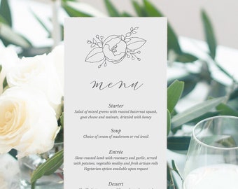 Wedding Menu Template, Minimalist Wedding Menu Cards, Editable, Floral, Peony, Fine Art