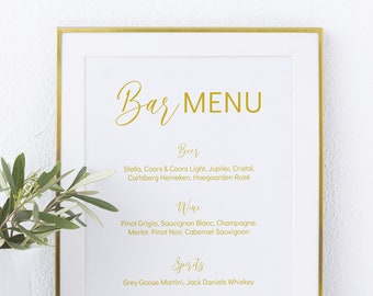 Drink Menu Template, Wedding Bar Menu Sign, Modern Wedding Signage, Gold, Editable 8.5 x 11 Sign