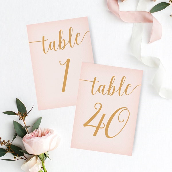 Blush Pink Table Numbers 1-40 / Blush Pink Wedding Table Number Printable / Blush and Gold Decor