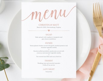 Rose Gold Wedding Menu Template Instant Download / Rose Gold Decor / Wedding Menu Cards Printable