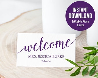 Purple Place Cards Template / Purple Wedding Name Cards / DIY Printable Place Cards