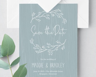 Rustic Save the Date Template, Dusty Blue Wedding Invitation Printable Save the Date Card, Woodgrain Wedding Invite