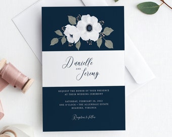 Wedding Invitation Belly Band Template, Navy Blue, Belly Bands for Wedding Invitations