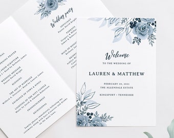 Dusty Blue Wedding Program Template Folded, Wedding Ceremony Programs, Editable Program, Floral