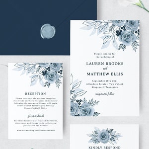 Dusty Blue Wedding Invitations Diy, Floral Wedding Invitation Template, Navy, Watercolor, Instant Download