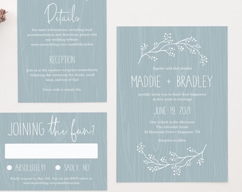 Rustic Wedding Invitation Template, Dusty Blue Wedding Invitations Set Printable, Rustic Wedding Invite, Editable, Download