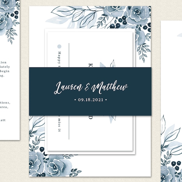 Belly Band Template for Wedding Invitations, Diy Belly Bands, Navy Wedding Invitation Belly Band