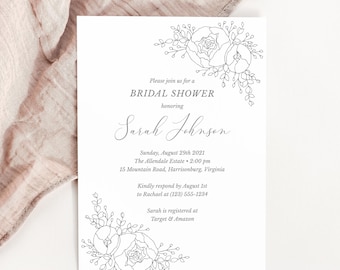 Elegant Bridal Shower Invitation Template, Peony, Fine Art Wedding, Shower Invites, Editable, Instant Download