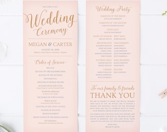 Wedding Program Template, Printable Wedding Programs, Blush Pink and Gold Wedding Ceremony Program EDITABLE