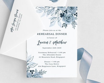 Rehearsal Dinner Invitation Template, Dusty Blue Wedding Invitations, Floral, Editable Download