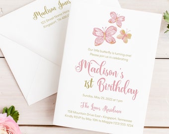Butterfly Birthday Invitation Template, 1st Birthday, Baby Shower Invitation Girl, Pink and Gold Invitation