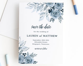 Floral Save the Dates, Dusty Blue Wedding Invitations, Printable Save the Date Template