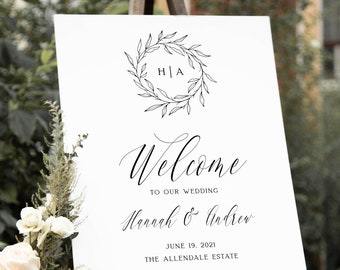 Wedding Welcome Sign Template, Minimalist Wedding Sign, Botanical Wreath, Rustic