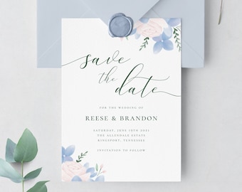 Floral Wedding Save the Dates Template, Dusty Blue Wedding Invitations, Hydrangea Save the Date Cards